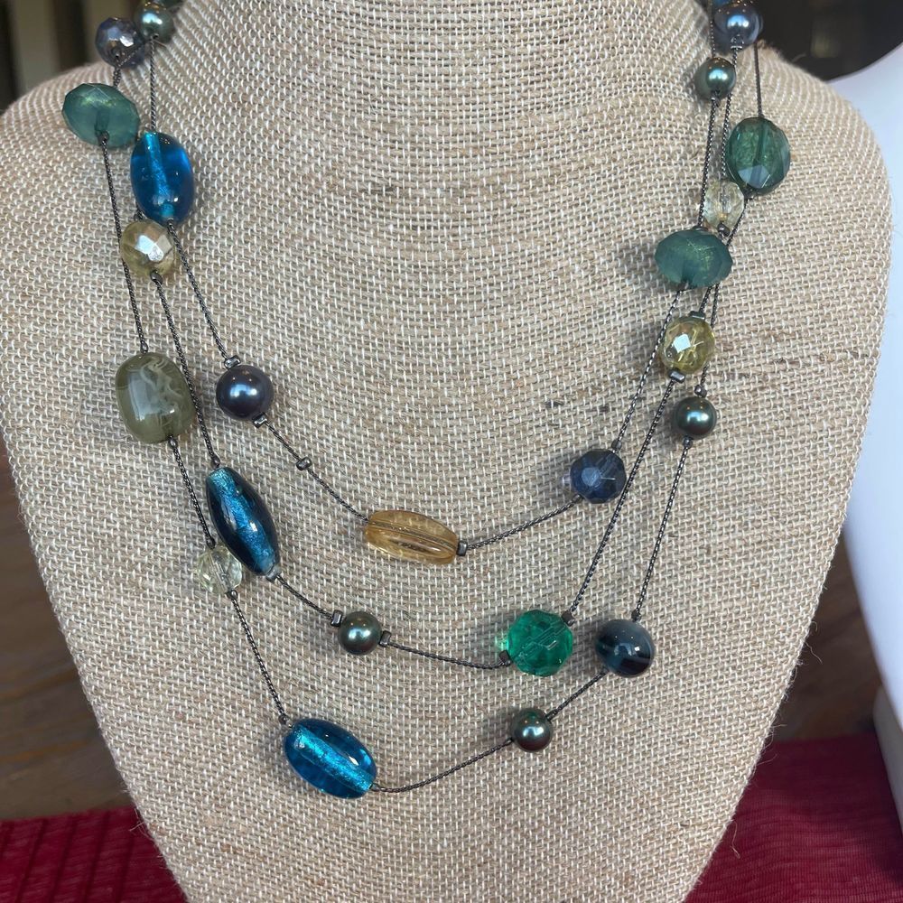Lia Sophia sea glass multi chain layered glass bead necklace gun metal tone